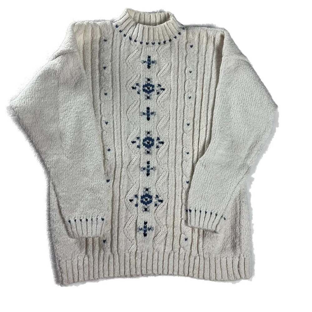 Vintage LizWear Cream Cotton Cable Knit Sweater Cottagecore Grandpa L